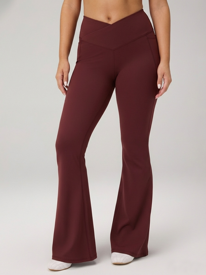 Skye Crossover High-Waisted Flared Legging in Maroon