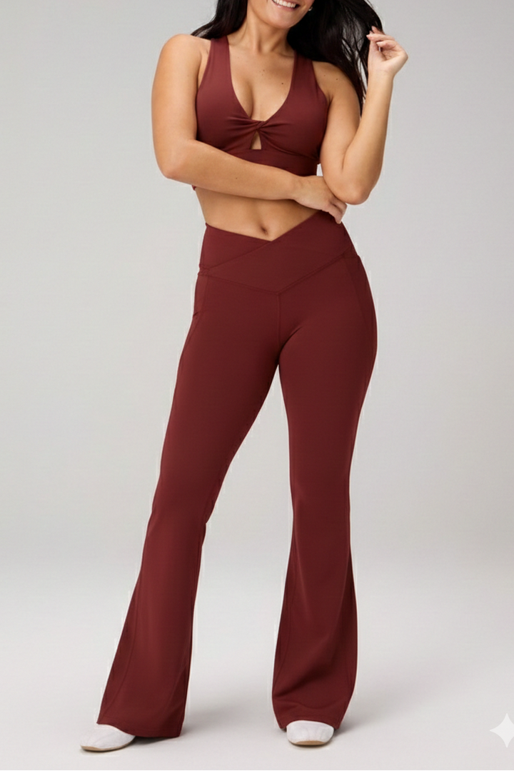 Skye Crossover High-Waisted Flared Legging in Maroon