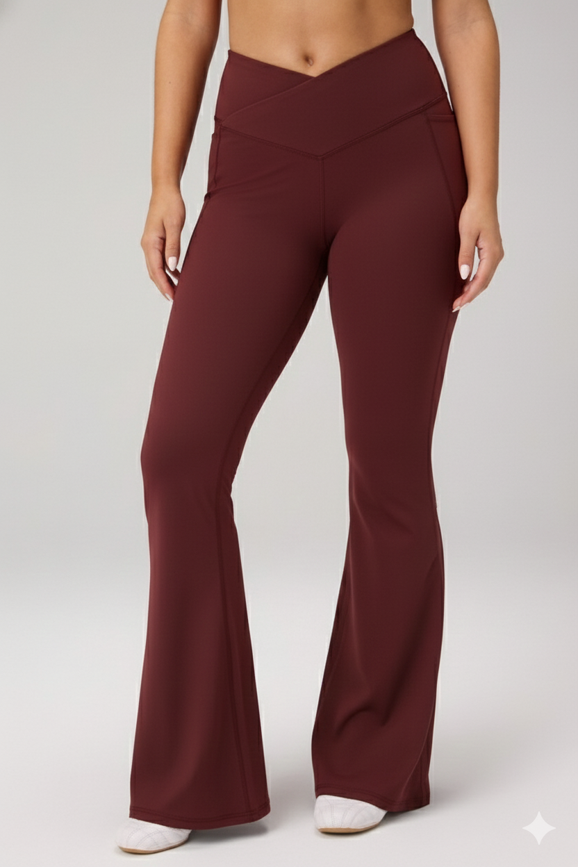 Skye Crossover High-Waisted Flared Legging in Maroon